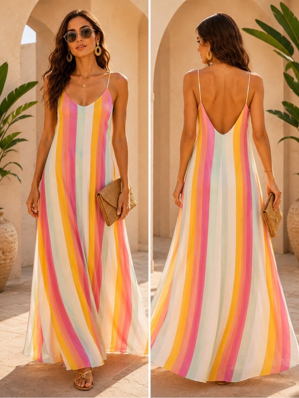 Pastel Rainbow Stripe Maxi Dress Low Back Resort Glam Vacation Cover Up Medium - Picture 14 of 14